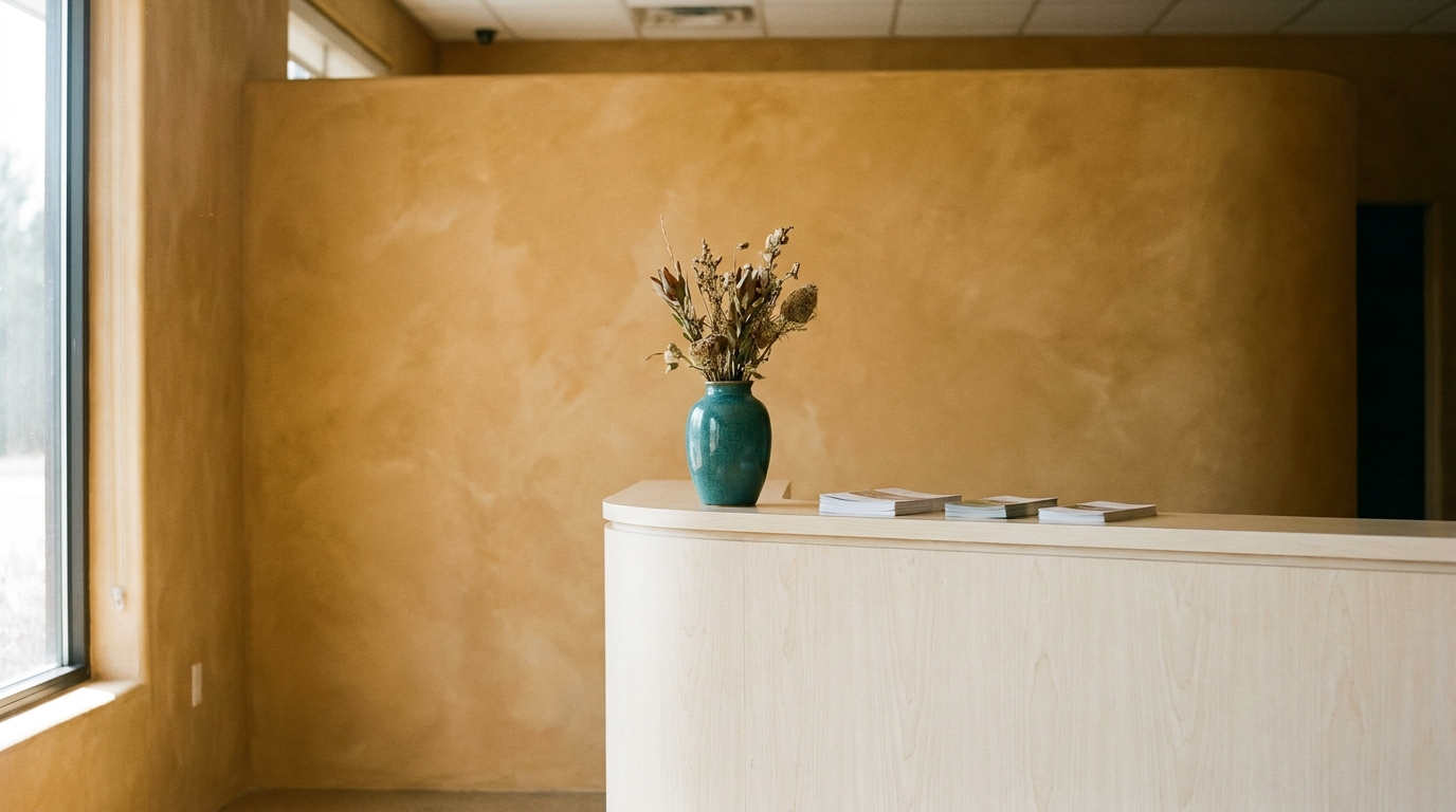 A sunlit clinic front desk with a curved plaster wall, a light wood counter, and a teal ceramic vase