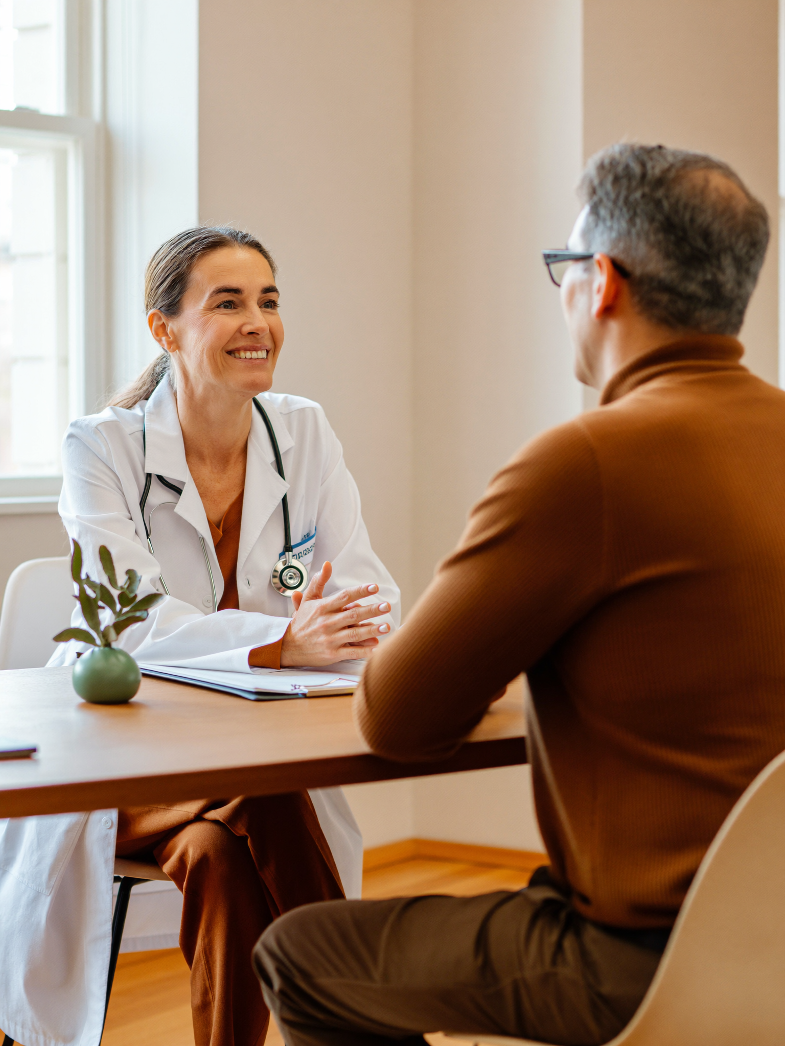 A physician in a white coat consulting warmly with a patient seated across a wooden table