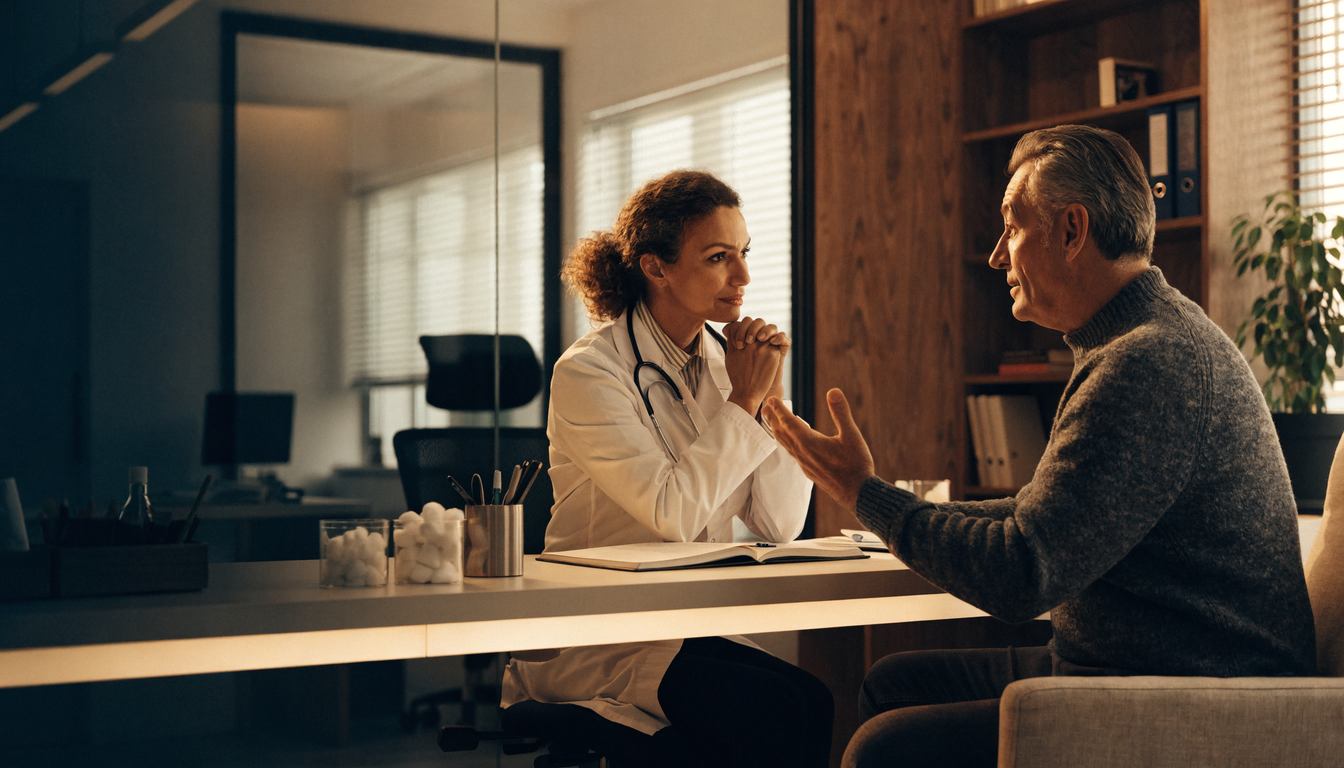 A physician in a white coat consulting warmly with a patient seated across a wooden table