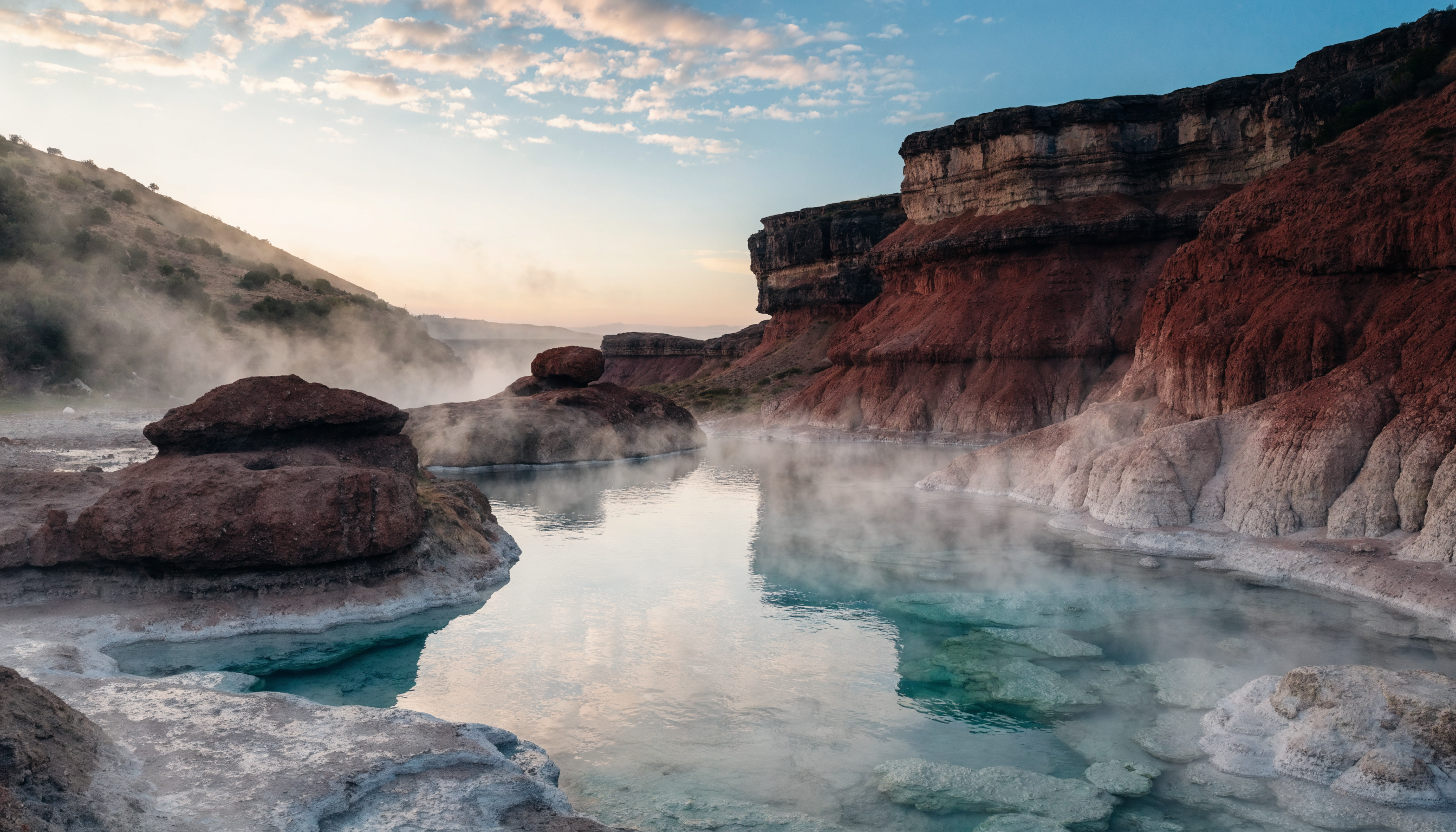 A steaming mineral spring on a travertine shelf in the desert