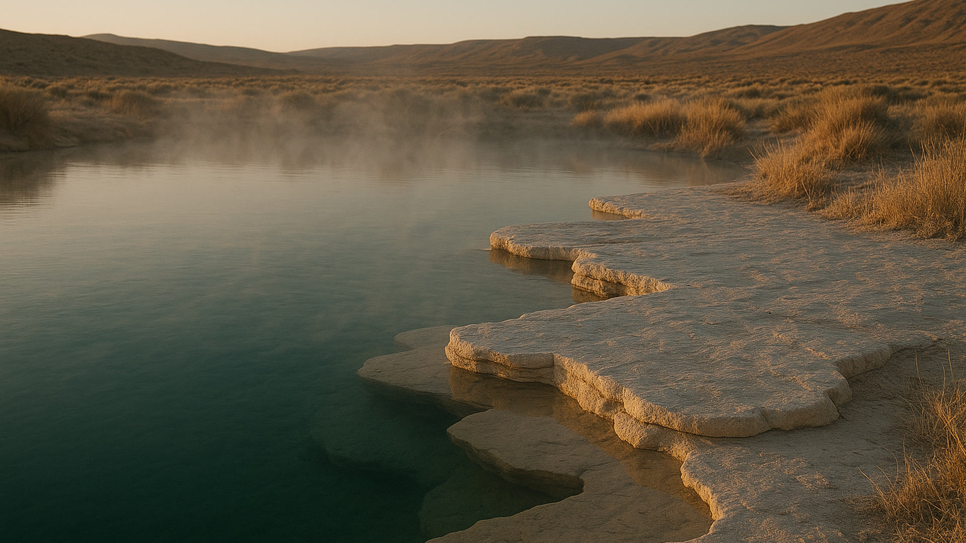 A steaming mineral spring on a travertine shelf in the desert at dawn