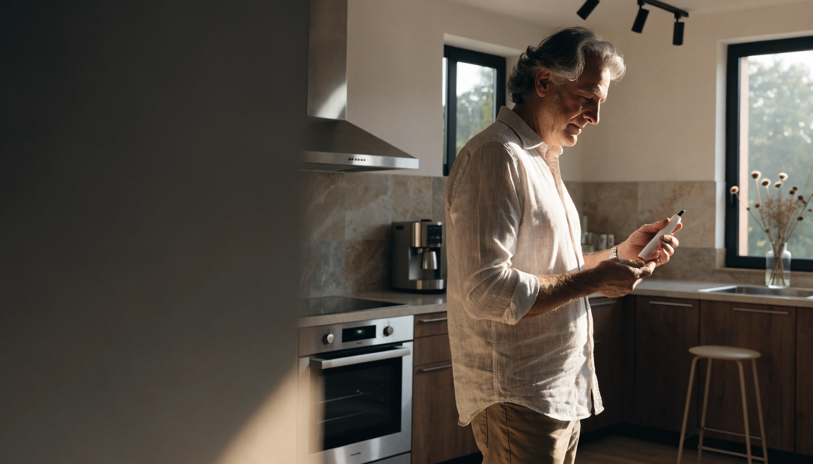 A man in his 50s holding a medical injection pen in a warm morning kitchen