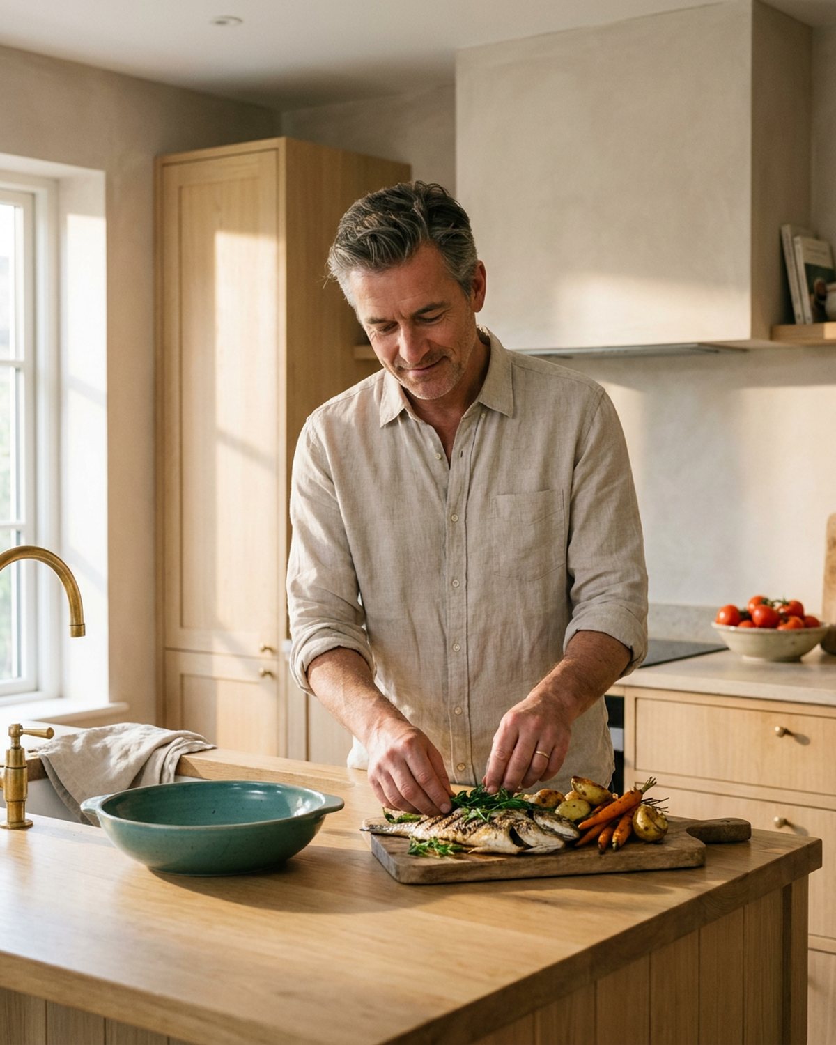 A man in his fifties preparing a simple meal of fish and roasted vegetables at a kitchen island